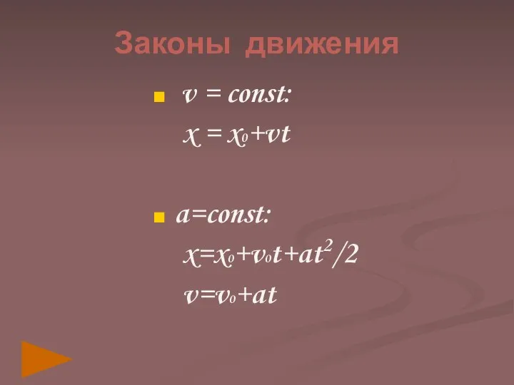 Законы движения v = const: x = x0+vt a=const: x=x0+v0t+at2/2 v=v0+at