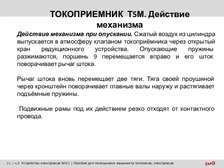 ТОКОПРИЕМНИК Т5М. Действие механизма Действие механизма при опускании. Сжатый воздух из