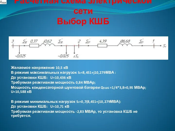 Расчетная схема электрической сети Выбор КШБ Желаемое напряжение 10,5 кВ В