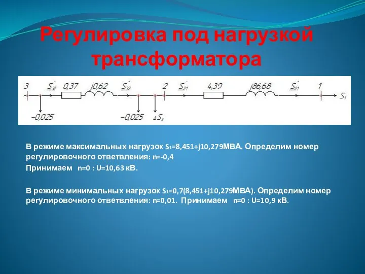 Регулировка под нагрузкой трансформатора В режиме максимальных нагрузок S1=8,451+j10,279МВА. Определим номер