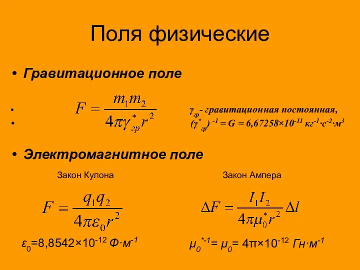 Поля физические Гравитационное поле γгр- гравитационная постоянная, (γ*гр) -1 = G