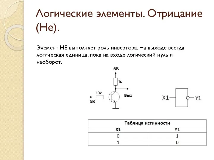 Логические элементы. Отрицание (Не). Элемент НЕ выполняет роль инвертора. На выходе