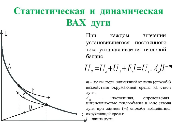 Статистическая и динамическая ВАХ дуги При каждом значении установившегося постоянного тока