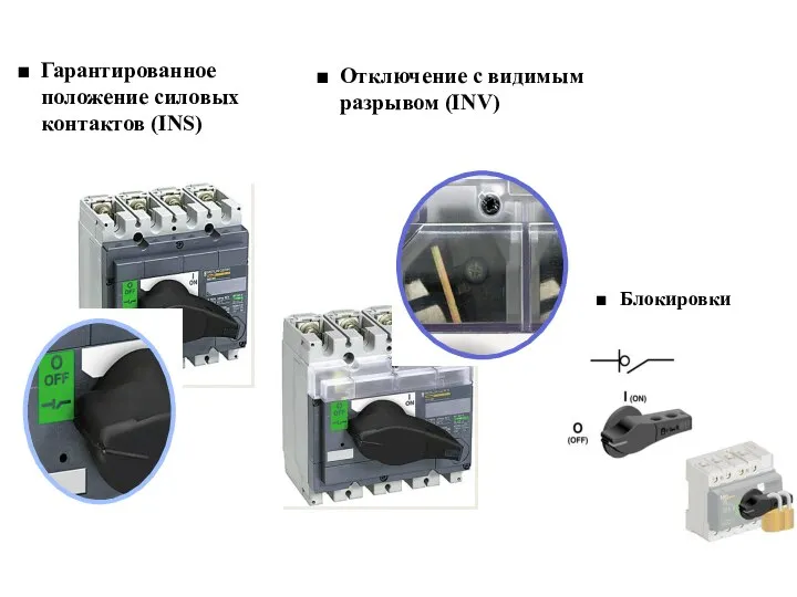 Гарантированное положение силовых контактов (INS) Отключение с видимым разрывом (INV) Блокировки