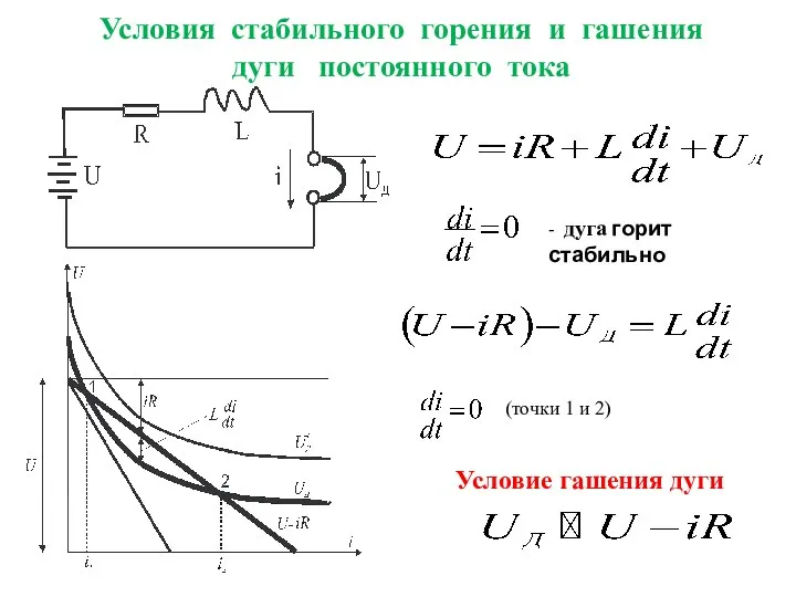 Условия стабильного горения и гашения дуги постоянного тока (точки 1 и