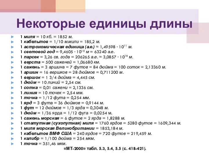 Некоторые единицы длины 1 миля = 10 кб. = 1852 м.