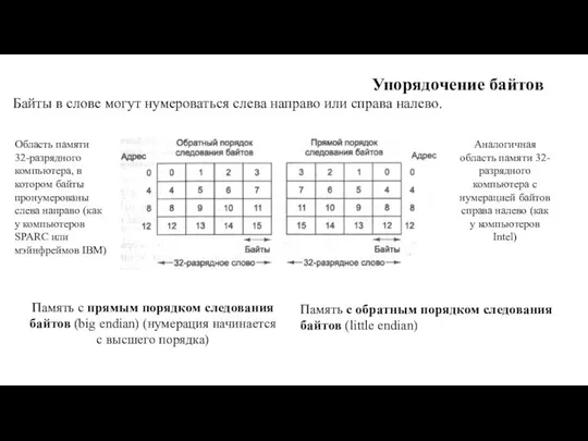 Упорядочение байтов Байты в слове могут нумероваться слева направо или справа