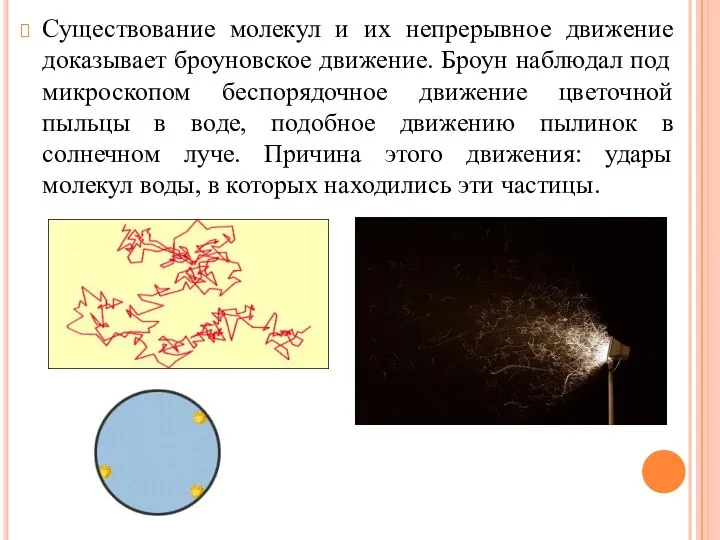 Существование молекул и их непрерывное движение доказывает броуновское движение. Броун наблюдал