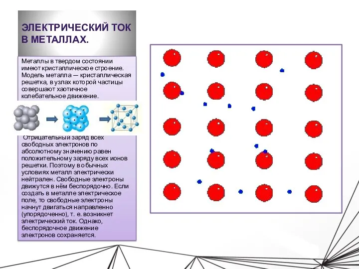 ЭЛЕКТРИЧЕСКИЙ ТОК В МЕТАЛЛАХ. Металлы в твердом состоянии имеют кристаллическое строение.