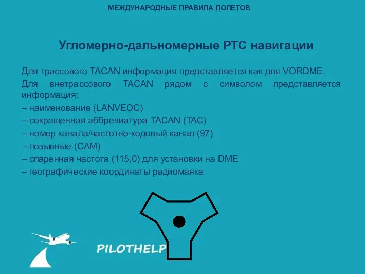 Для трассового TACAN информация представляется как для VORDME. Для внетрассового TACAN