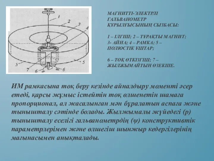 МАГНИТТІ-ЭЛЕКТРЛІ ГАЛЬВАНОМЕТР ҚҰРЫЛҒЫСЫНЫҢ СЫЗБАСЫ: 1 – ІЛГІШ; 2 – ТҰРАҚТЫ МАГНИТ;