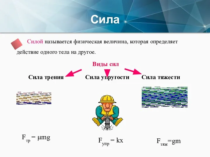 Сила Силой называется физическая величина, которая определяет действие одного тела на