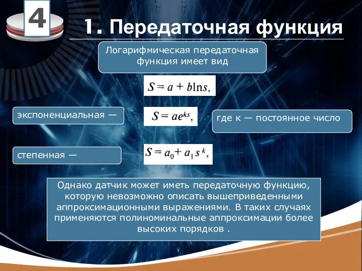 4 1. Передаточная функция Логарифмическая передаточная функция имеет вид экспоненциальная —