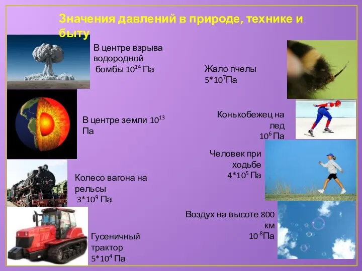 Значения давлений в природе, технике и быту В центре взрыва водородной