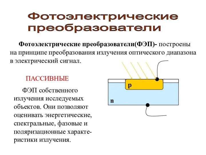 Фотоэлектрические преобразователи Фотоэлектрические преобразователи(ФЭП)- построены на принципе преобразования излучения оптического диапазона
