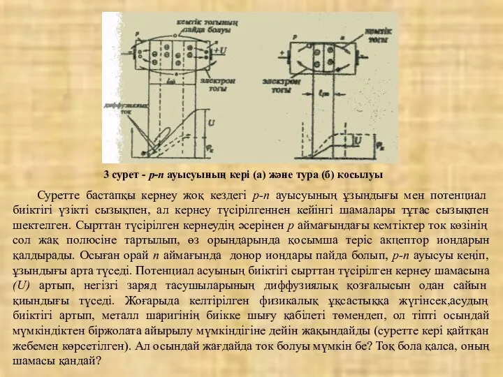 3 сурет - р-n ауысуының кері (a) және тура (б) қосылуы