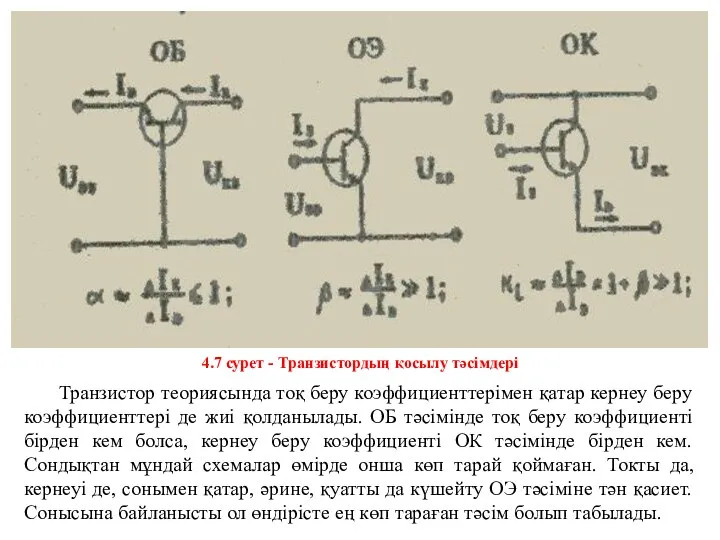 4.7 сурет - Транзистордың қосылу тәсімдері Транзистор теориясында тоқ беру коэффициенттерімен