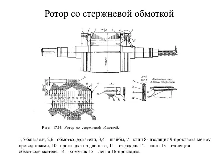 Ротор со стержневой обмоткой 1,5-бандажи, 2,6 –обмоткодержатели, 3,4 – шайбы, 7