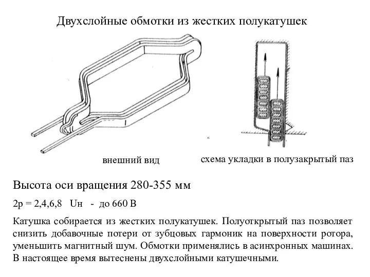 Двухслойные обмотки из жестких полукатушек Высота оси вращения 280-355 мм 2р