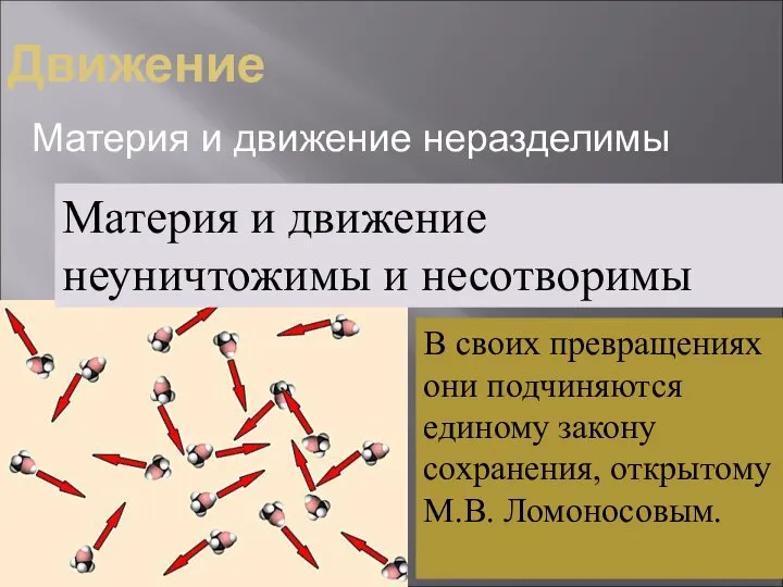 Движение Материя и движение неразделимы Материя и движение неуничтожимы и несотворимы