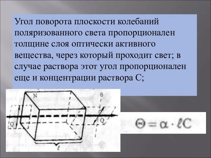 Угол поворота плоскости колебаний поляризованного света пропорционален толщине слоя оптически активного