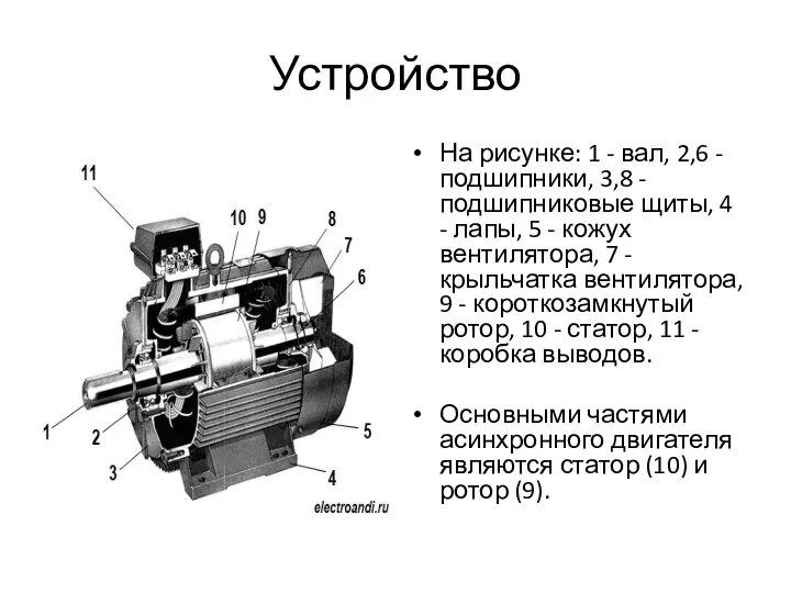 Устройство На рисунке: 1 - вал, 2,6 - подшипники, 3,8 -