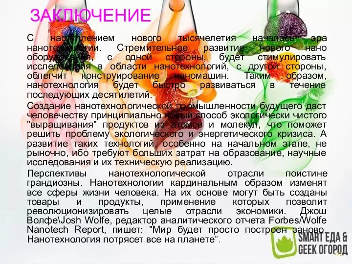 ЗАКЛЮЧЕНИЕ С наступлением нового тысячелетия началась эра нанотехнологии. Стремительное развитие нового