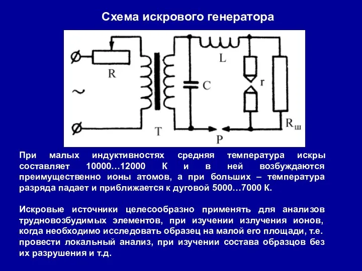 Схема искрового генератора При малых индуктивностях средняя температура искры составляет 10000…12000