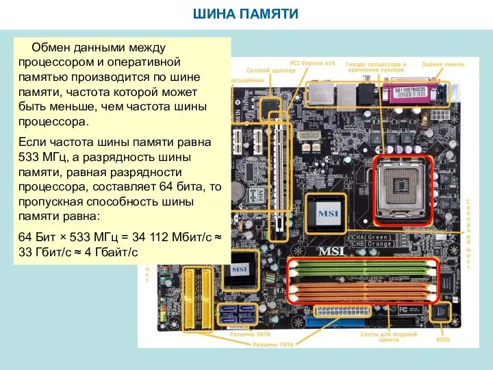 ШИНА ПАМЯТИ Обмен данными между процессором и оперативной памятью производится по