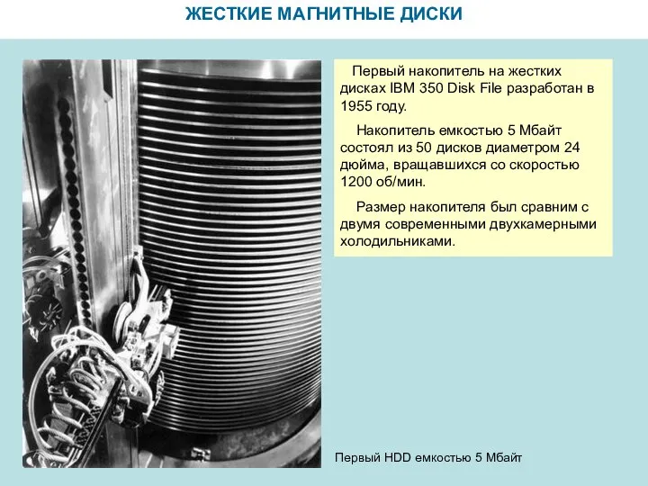 ЖЕСТКИЕ МАГНИТНЫЕ ДИСКИ Первый HDD емкостью 5 Мбайт Первый накопитель на