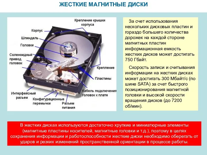 ЖЕСТКИЕ МАГНИТНЫЕ ДИСКИ За счет использования нескольких дисковых пластин и гораздо