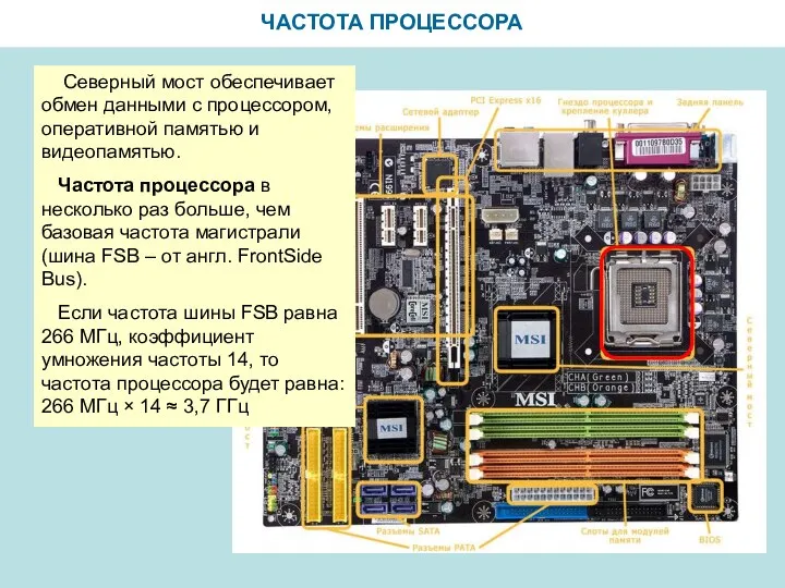 ЧАСТОТА ПРОЦЕССОРА Северный мост обеспечивает обмен данными с процессором, оперативной памятью