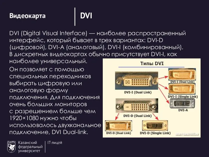 DVI Видеокарта DVI (Digital Visual Interface) — наиболее распространенный интерфейс, который