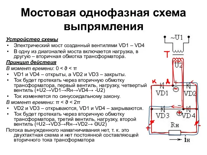 Мостовая однофазная схема выпрямления Устройство схемы Электрический мост созданный вентилями VD1