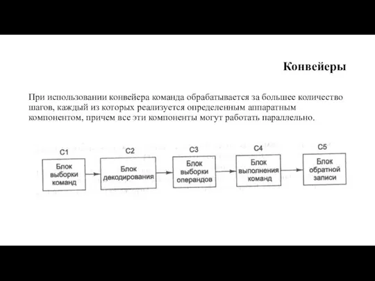 Конвейеры При ис­пользовании конвейера команда обрабатывается за большее количество шагов, каждый