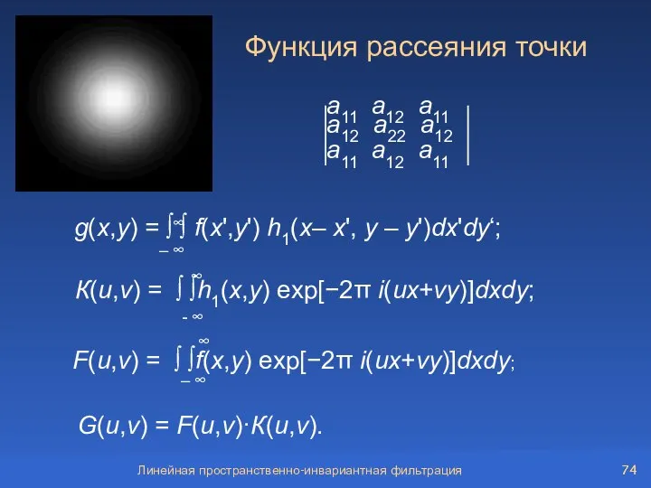 Линейная пространственно-инвариантная фильтрация Функция рассеяния точки a11 a12 a11 a12 a22 a12 a11 a12 a11