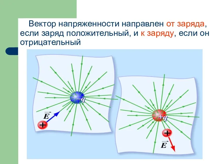 Вектор напряженности направлен от заряда, если заряд положительный, и к заряду, если он отрицательный