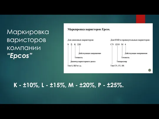 Маркировка варисторов компании “Epcos” K - ±10%, L - ±15%, M - ±20%, P - ±25%.