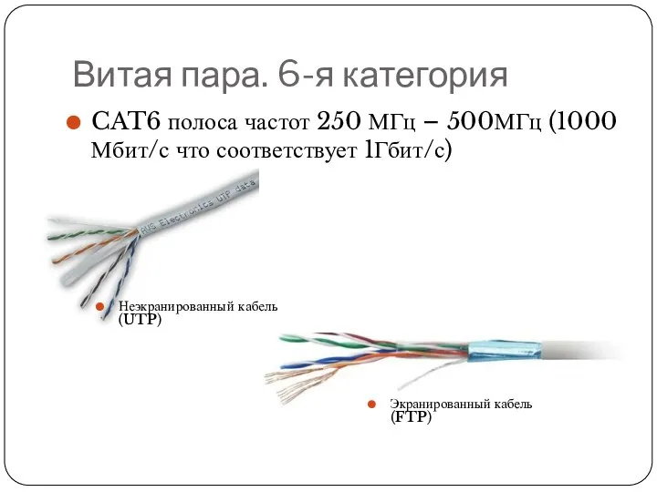 Витая пара. 6-я категория CAT6 полоса частот 250 МГц – 500МГц