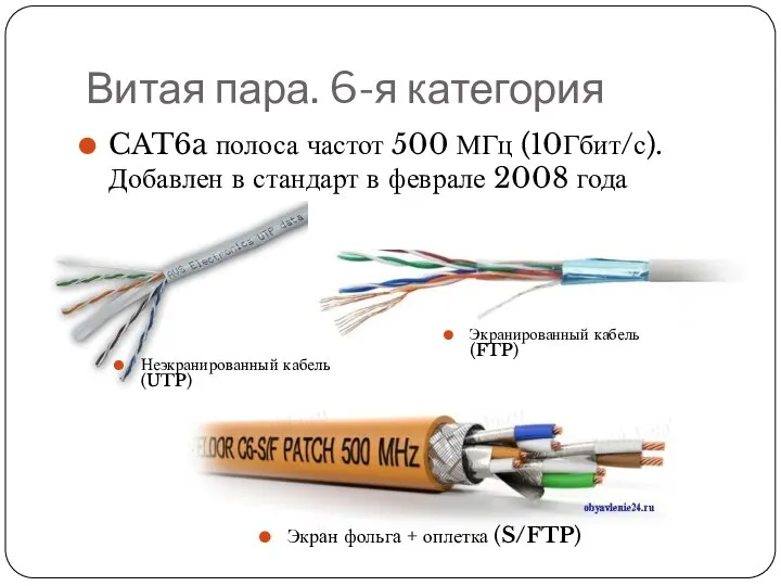 Витая пара. 6-я категория CAT6a полоса частот 500 МГц (10Гбит/с). Добавлен