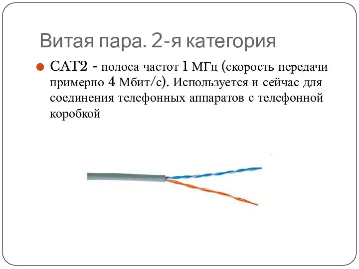 Витая пара. 2-я категория CAT2 - полоса частот 1 МГц (скорость