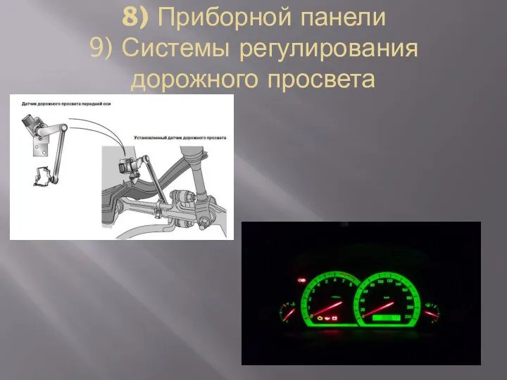 8) Приборной панели 9) Системы регулирования дорожного просвета