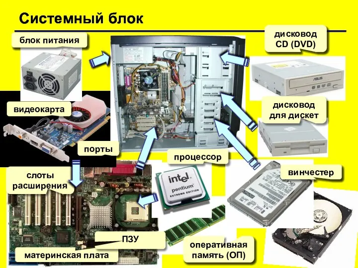 Системный блок блок питания видеокарта порты слоты расширения материнская плата процессор