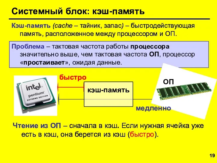 Системный блок: кэш-память Кэш-память (cache – тайник, запас) – быстродействующая память,