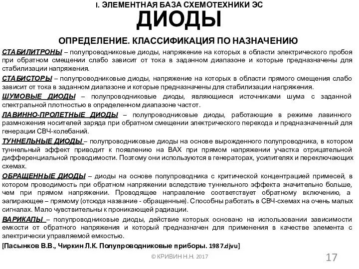 I. ЭЛЕМЕНТНАЯ БАЗА СХЕМОТЕХНИКИ ЭС ОПРЕДЕЛЕНИЕ. КЛАССИФИКАЦИЯ ПО НАЗНАЧЕНИЮ СТАБИЛИТРОНЫ –