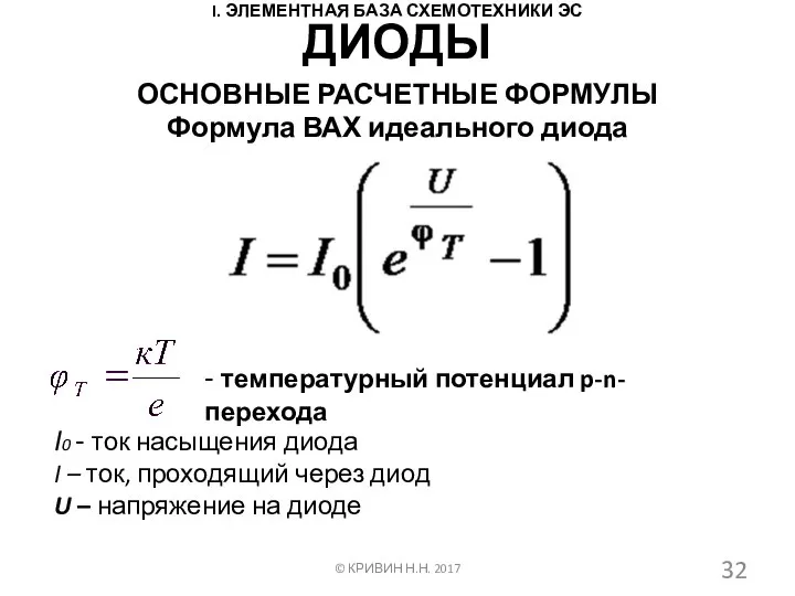 I. ЭЛЕМЕНТНАЯ БАЗА СХЕМОТЕХНИКИ ЭС ОСНОВНЫЕ РАСЧЕТНЫЕ ФОРМУЛЫ Формула ВАХ идеального