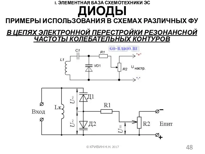 I. ЭЛЕМЕНТНАЯ БАЗА СХЕМОТЕХНИКИ ЭС ПРИМЕРЫ ИСПОЛЬЗОВАНИЯ В СХЕМАХ РАЗЛИЧНЫХ ФУ