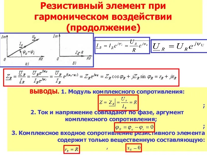 Резистивный элемент при гармоническом воздействии (продолжение) ВЫВОДЫ. 1. Модуль комплексного сопротивления: