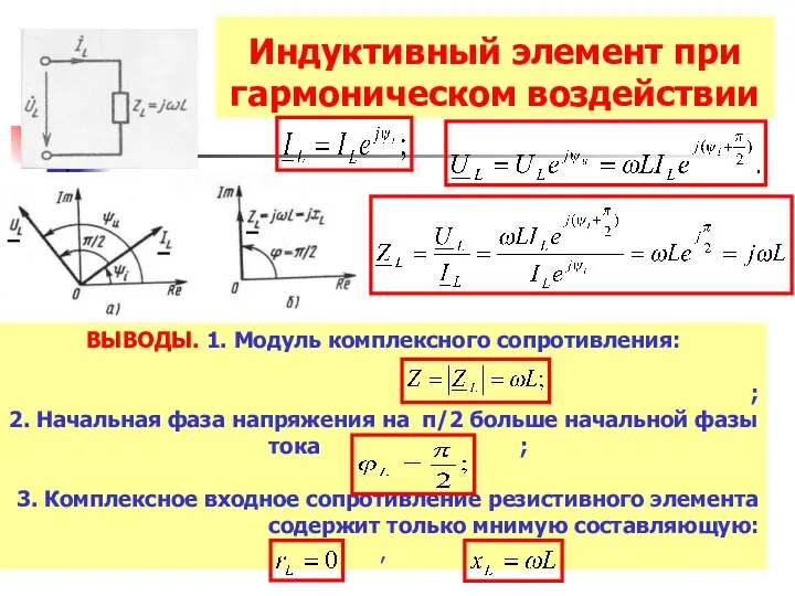 Индуктивный элемент при гармоническом воздействии ВЫВОДЫ. 1. Модуль комплексного сопротивления: ;