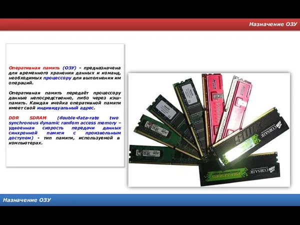 Назначение ОЗУ Назначение ОЗУ Оперативная память (ОЗУ) - предназначена для временного